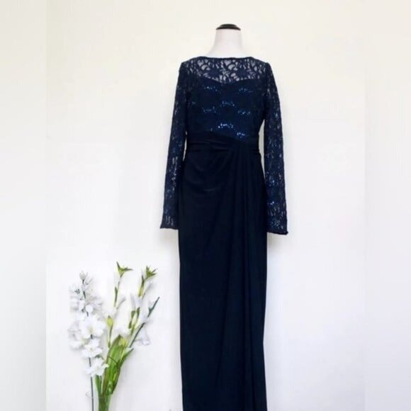 Lauren Ralph Lauren Evening Sequin Lace Maxi Dress Gown Navy Blue SZ 10 - Picture 2 of 7